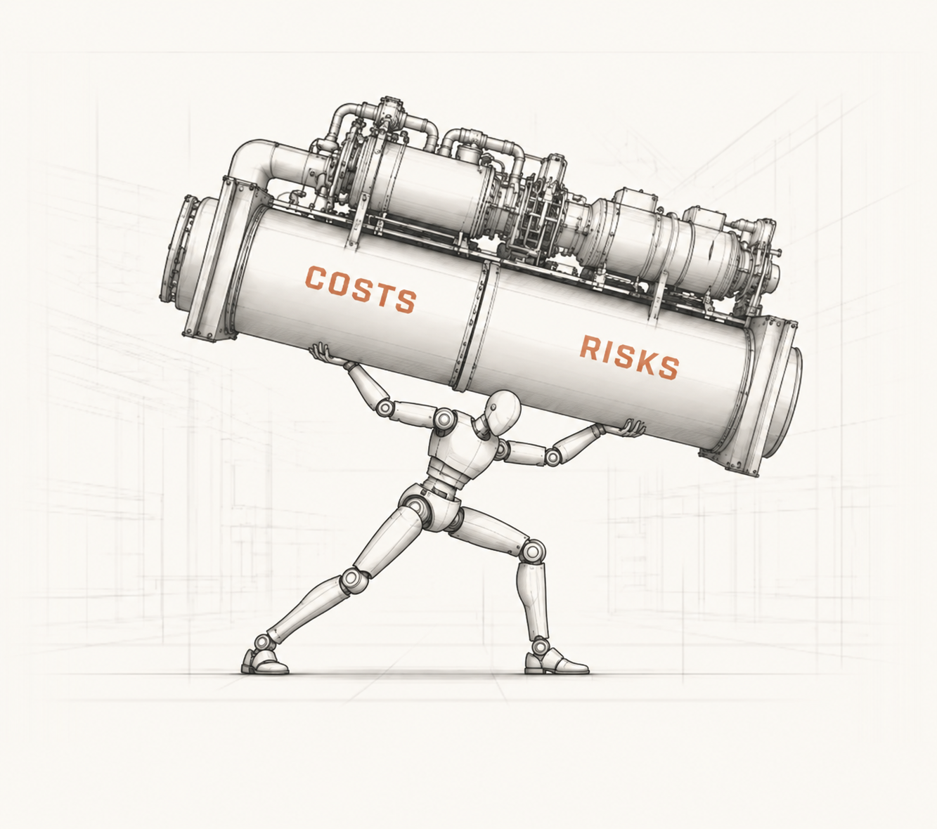 A robot carrying a chiller marked costs and risks
